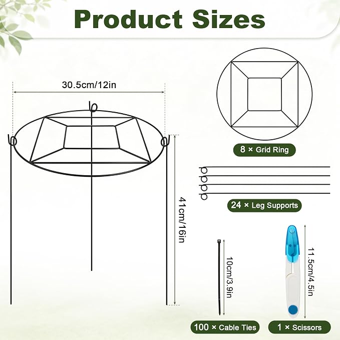 8 Pack Peony Cages and Supports with 100 Cable Ties and a Pair of Scissors, 12" D x 16" H Heavy Duty Metal Plant Support Rings with 3 Legs, Rustproof Garden Support Hoops for Peony, Hydrangea, Tomato