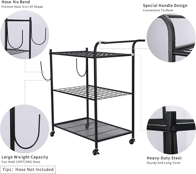 Uboway Garden Tool Organizer: Yard Tool Organizer for Garage with Water Hose Holder and Wheels, Up to 60 Long Handled Tools, Garden Tool Holder For Garage, Shed, Outdoor, Easy to Install, Black