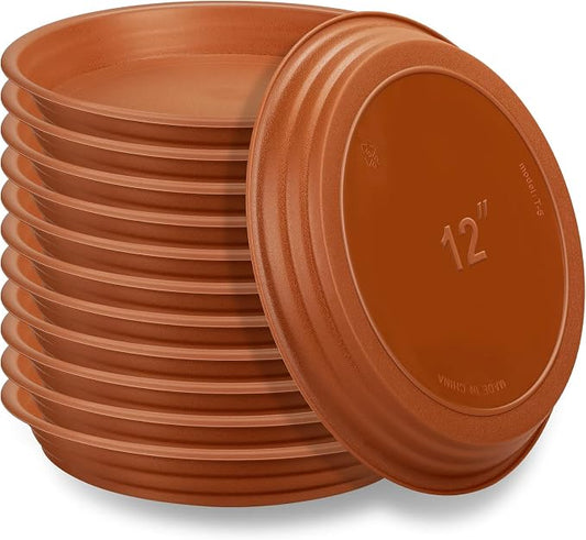 12 Pcs 12 Inch Plastic Plant Saucer Thicker Plastic Heavy Duty Round Flower Pot Saucers Water Planter Tray for Indoor Outdoor Plant Pots, Terracotta Color
