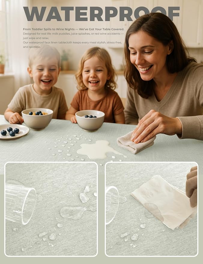Decorelia Faux Linen Waterproof Tablecloth,Light Grey,84" x 60" (Rectangular)