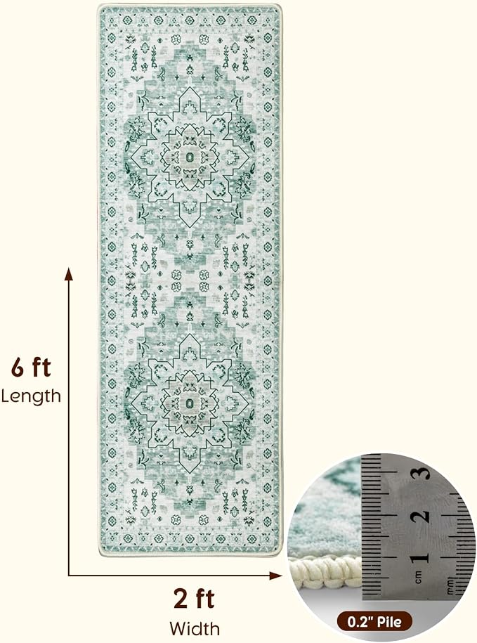 LBRO2M Machine Washable Rug Soft Pet Friendly Carpet 2X6 Green | Persian Runner Rug 2X6 for HallWay, Bedroom, Kitchen, Laundry Room, Non Slip Carpet, Foldable Stain Resistant Rugs