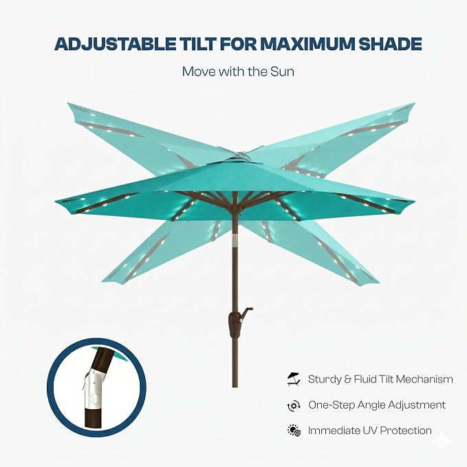 10FT Solar Patio Umbrella with Lights, Outdoor Table Market Umbrella with 32 LED Lights, 8 Sturdy Ribs, Push Button Tilt and Crank for Pool, Deck and Garden, UV-Resistant