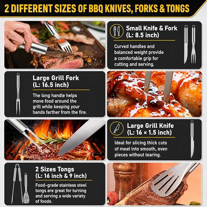 34Pcs Grill Accessories Grilling Gifts for Men, 16 Inches Heavy Duty BBQ Accessories, Stainless Steel BBQ Tools with Thermometer, Grill Mats for Backyard, BBQ Set for Men Women