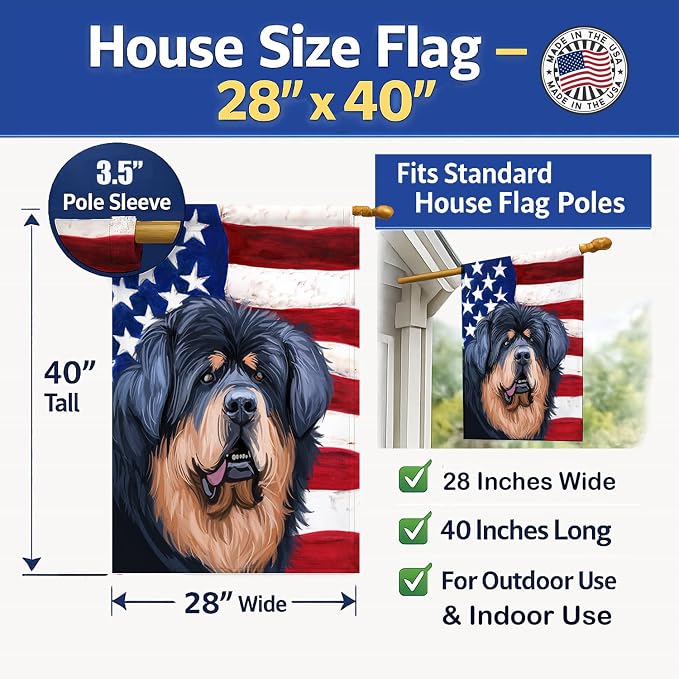 Caroline's Treasures CK6739CHF Tibetan Mastiff American Flag House Flag Large Porch Sleeve Pole Decorative Outside Yard Banner Artwork Wall Hanging, Polyester, House Size, Multicolor