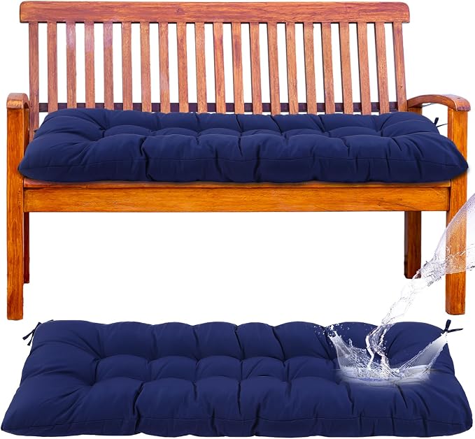 Wenqik Outdoor Bench Cushion 59 x 18 x 5 Inch Waterproof Patio Swing Cushion with Removable Zippered Cover Adjustable Ties Seat Pad for Porch Bench Garden Loveseat(Navy Blue,Grid Pattern)