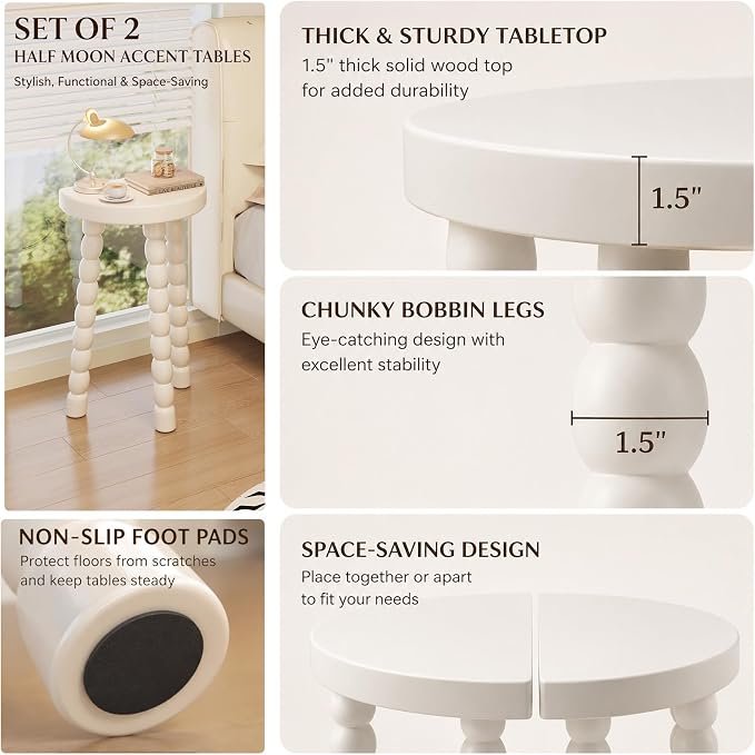 LitaEther Bobbin Side Table, Solid Wood Half Moon End Table, Small Wooden Accent Table with Chunky Turned Legs, Plant Stand for Living Room Bedroom Entryway, Modern Farmhouse Bedside Table, White
