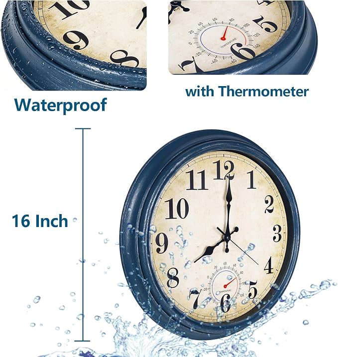 Outdoor Clock Waterproof with Thermometer Wall Clock for Patio Pool Bathroom Kitchen 16 Inch Blue