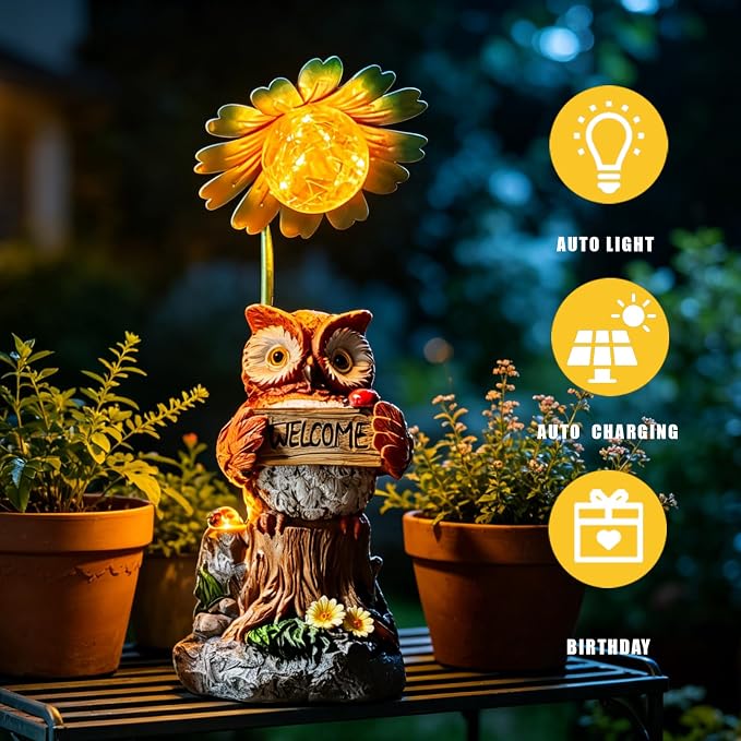 COWOS Solar Powered Owl Garden Statue with Glowing Flower Light, Hand-Painted Resin Figurine for Outdoor Patio, Yard, Lawn Decor, Gift for Nature Lovers