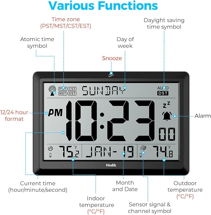 HODIK Wall Clock Atomic with Indoor Outdoor Temperature Battery Powered, Easy Reading with 10.5 Inch LCD Display, 330FT Range Table Wall Clock with DST, 12/24 Hour for Living Room Kicthen (Black)
