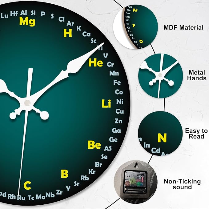 Wall Clock, Chemistry Silent Non Ticking Battery Operated Round Decorative Indoor Outdoor Clocks for Living Room Kitchen Bedroom Bathroom Patio 12"