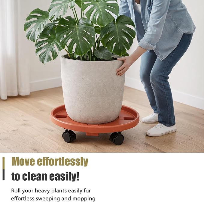 4-pack 17.3" Extra-large Plant Caddy with Wheels Plastic Plant Dolly with Casters Flower Pot Mover Rollers Wheeled Rolling Plant Stand Round Plant Saucer Indoor Outdoor Base Coasters, Terracotta red