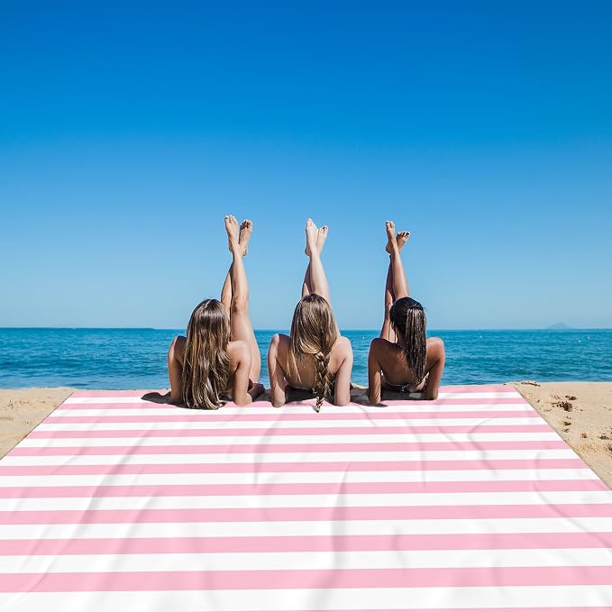 Beach Blanket Sandproof Waterproof,Extra Large Picnic Blanket 9 Ft X 10 Ft for 8 Adults with Stakes and Sand Pocket, Compact Lightweight Sand Free Beach Mat Essential- Pink Striped