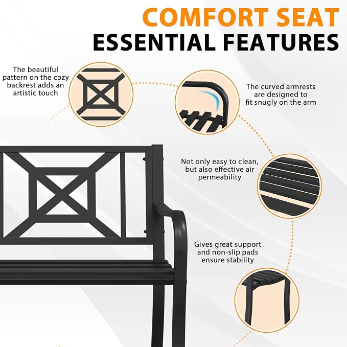 Outdoor Bench Garden Bench, 50" Anti-Rust Patio Bench Clearance, Iron Metal Frame Outdoor Benches Weatherproof for Front Porch, Yard, Lawn, Deck