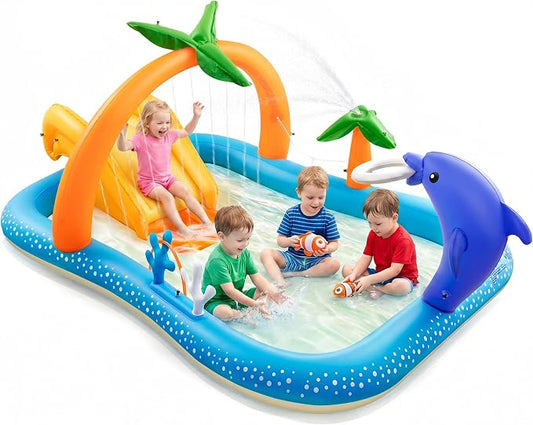 Inflatable Kids Pool, Kiddie Pool with Water Slide, Coconut Palm Sprinkler | Inflatable Play Center, 95"x75"x40" Outdoor Blow-Up Splash Pad Pools for Toddlers Ages 2+, Water Park for Summer Fun