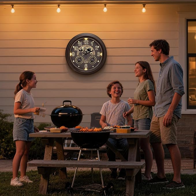 Pytha Sight Illuminated Large Indoor Outdoor Clocks Waterproof 18 Inch with Smart Night Light Sensor,Star World Map Design with Thermometer & Hygrometer for Patio, Pool, Garden,Housewarming Gift