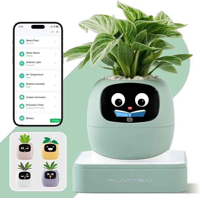 Smart Plant Pot with Visual Display – Soil Moisture, Water Level, Light & Battery Monitor, 80ml Self-Watering Reservoir, Supports 100+ Plants, Pomodoro Timer, Clock & Calendar (Green)