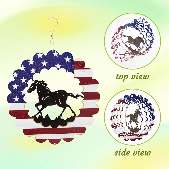 Horse Wind Spinner, 4th of July Decorations,Unique Birthday Horse Gifts for Women Men Mom, Metal Yard Art with American Flag, Patriotic Outdoor Decor for Garden, Porch or Patio(12 Inch)
