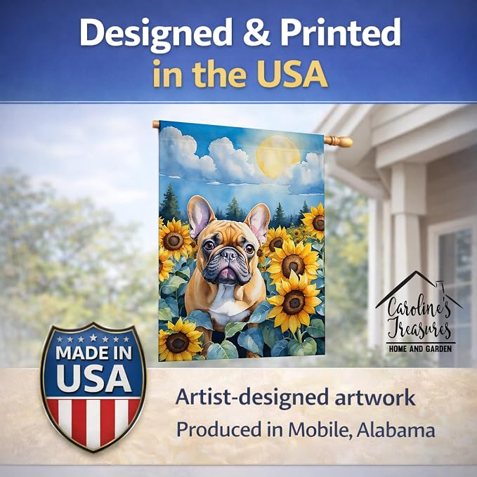 Caroline's Treasures DAC6080CHF French Bulldog in Sunflowers House Flag Large Porch Sleeve Pole Decorative Outside Yard Banner Artwork Wall Hanging, Polyester, House Size, Multicolor