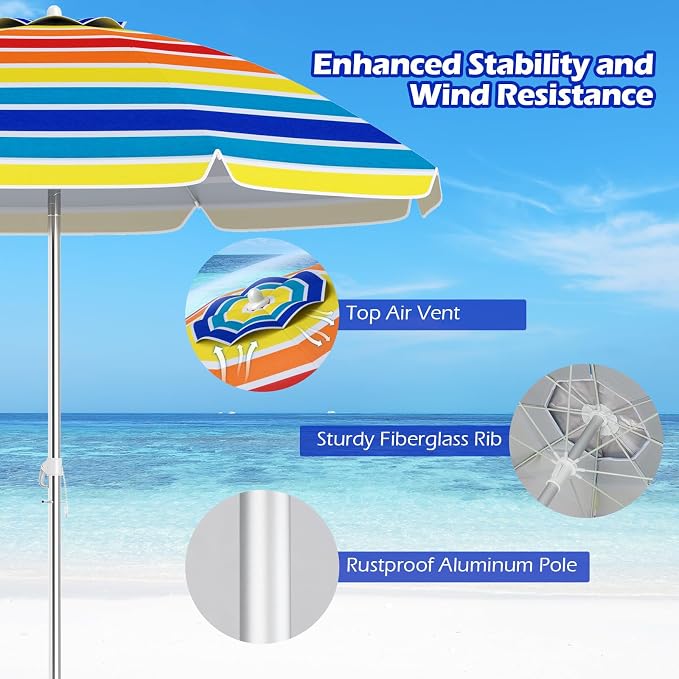 Tangkula 6.5ft Outdoor Beach Umbrella with Sand Anchor, Patio Umbrella with Push Button Tilt & UPF 50+ Protection, Portable Sunshade Umbrella with Carry Bag for Garden Beach Outdoor (Rainbow)