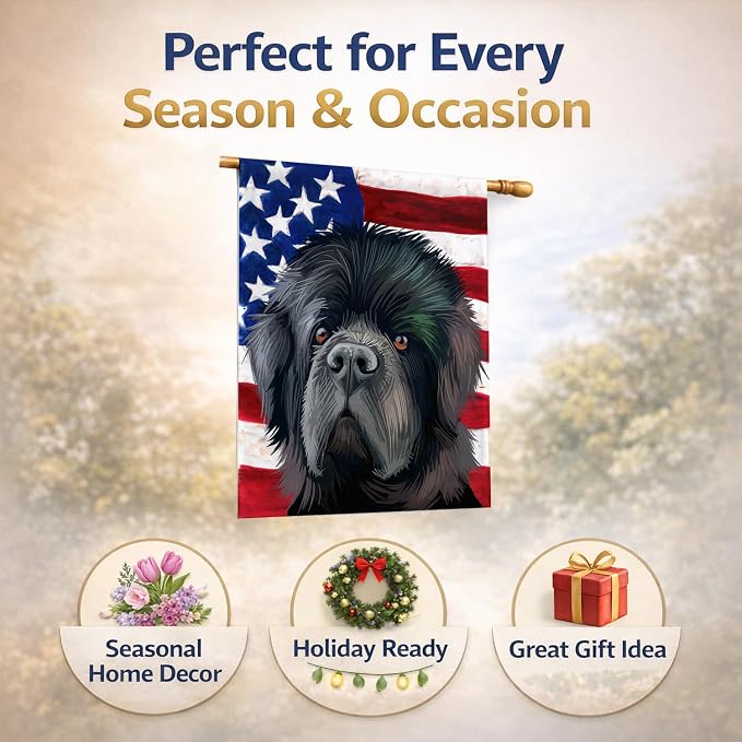 Caroline's Treasures CK6626CHF Newfoundland Dog American Flag House Flag Large Porch Sleeve Pole Decorative Outside Yard Banner Artwork Wall Hanging, Polyester, House Size, Multicolor