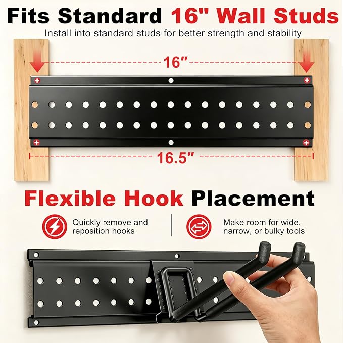 Garage Tool Organizer Wall Mount 49.5 inches with 10 Adjustable Heavy-Duty Hooks, Garage Organization, Garden Tool Storage Rack, Yard, and Shed, Holds Up to 400 lbs