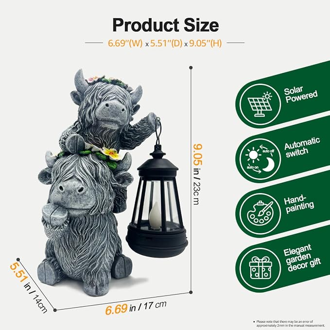 Solar Garden Outdoor Statues Lantern Figurines Light Decorations for Outdoor Patio Balcony Yard Lawn, Ideal Gifts for Mom Friends (Cement Gray- Cow)