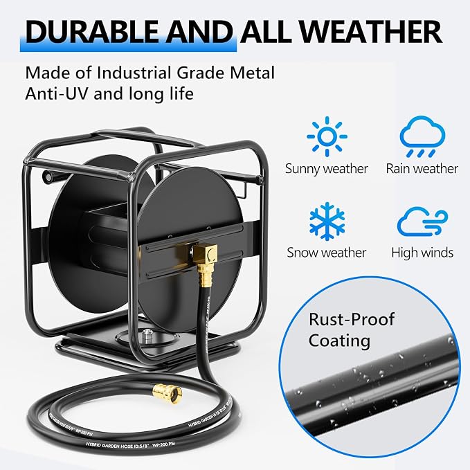 SPECILITE Metal Heavy Duty Garden Hose Reel, 360° Rotation Frame, 65-90 Ft of Hose Storage Capacity, Stable and Portable Wall/Floor Mount Water Pipe Spool, Black