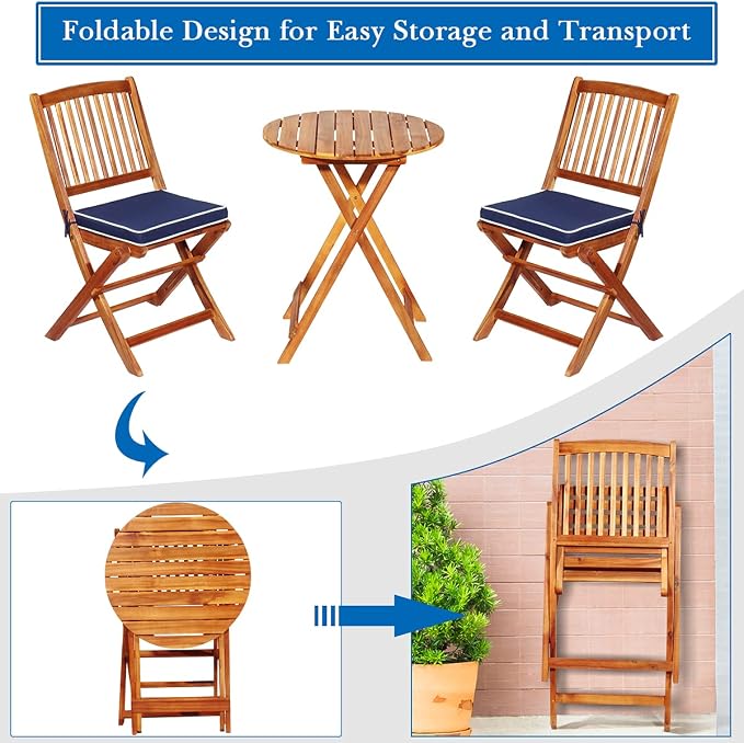 FANTASK 3 Pieces Folding Acacia Wood Bistro Set, Patio Furniture Set with Cushions & 1 Round Table, Indoor Outdoor Bistro Table and Chairs Set of 2 for Patio, Garden, Poolside, Porch, Lawn (Navy)