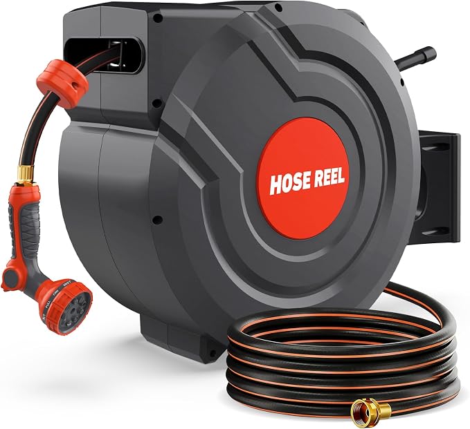 Retractable Garden Hose Reel,Wall Mounted 115 ft 5/8 Inch Automatic Rewind, Any-Length Lock, 9-Pattern Sprayer, 180° Swivel, Durable Water Hose Reel for Yard and Home