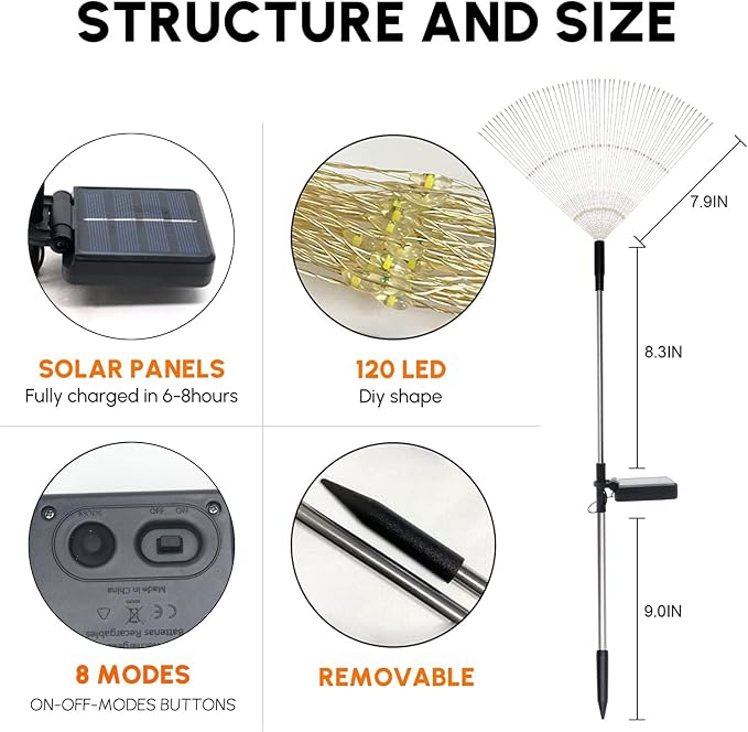 Solar Garden Firework Lights Outdoor Waterproof 2 Pack Solar Powered Art Stake Twinkle Lighting for Outside Decor, 120 LED Sparklers String Lights for Yard Party Decorations (Warm White)