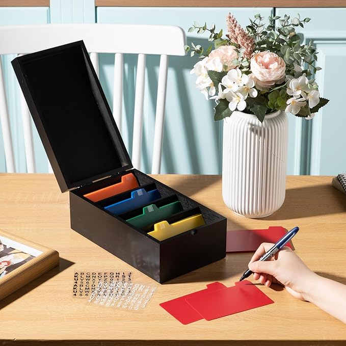 Henoyso 3 x 5 Inch Index Card Holder Set, Bamboo Organizer Box with 50 Dividers & 2 Sheets Alphabet Number Stickers File Note Holders, Holds 1200 Cards for Office Business Home Kitchen, Black