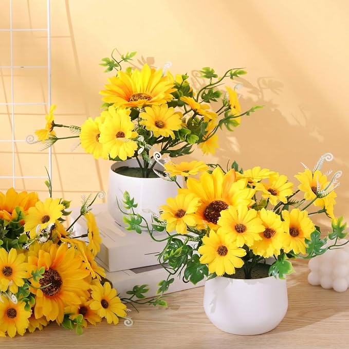 Zeyune 8 Pcs Sunflower Potted Plants Rustic Summer Spring Kitchen Wedding Table Centerpieces Silk Yellow Fake Flower with Plastic Pot for Home Bathroom Office (Stylish,Sunflower)