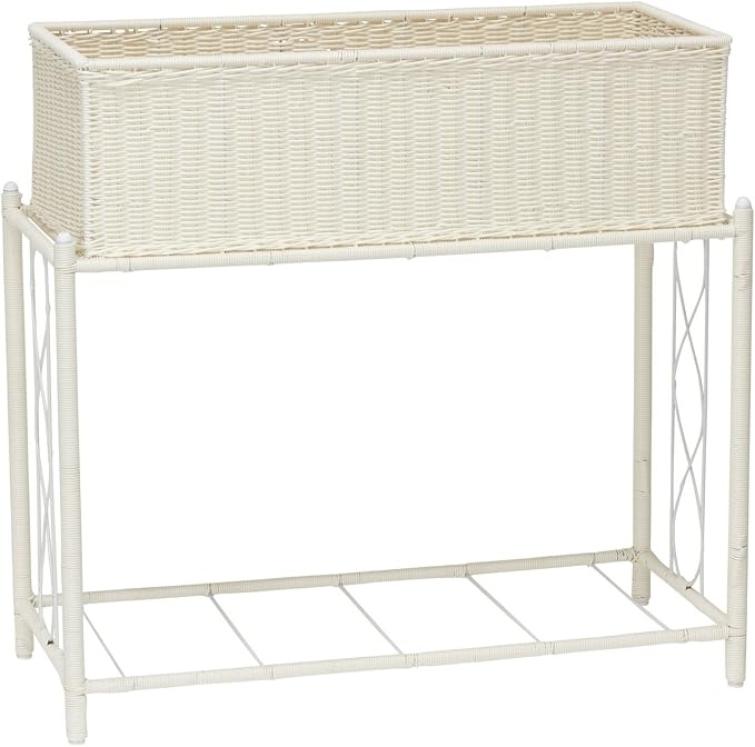 Household Essentials Raised Two‑Tier Plant Stand with Interchangeable Shelves, Resin Woven Planter and Tray, White