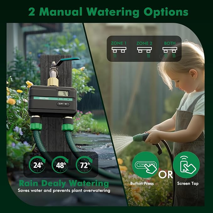 RESTMO 2 Zone Smart Sprinkler Hose Timer with Flow Meter, Brass Water Timer for Garden Hose with APP Remote Control (2.4GHz WiFi Connection), Automatic Drip Irrigation System for Lawn, Yard