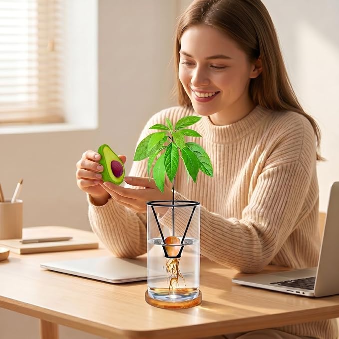 Avocado Tree Growing Kit with Bottle Brush Avocado Figurine, Bamboo Base, Avocado Seed Starter Vase Glass Plant Pot Easy Seed Sprout Starter Gift for Gardening Lovers Home Office Table Decoration