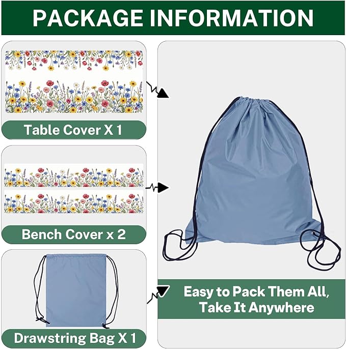 Picnic Table Cover with Bench Covers Elastic Edges, Wildflower Floral Camper Fitted Table Cover, Outdoor Camping Essentials 72 Inch 3PCS, Waterproof Camping Fitted Tablecloth with Drawstring Bag