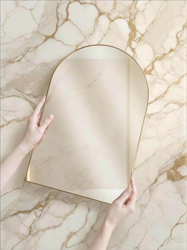Gold Arched Wall Mirror 13”x19”- Small Vintage Hanging Mirror with Chain, Decorative Brass Mirror for Entryway, Bathroom, Bedroom&Living Room, Antique Gold Wall Mirror
