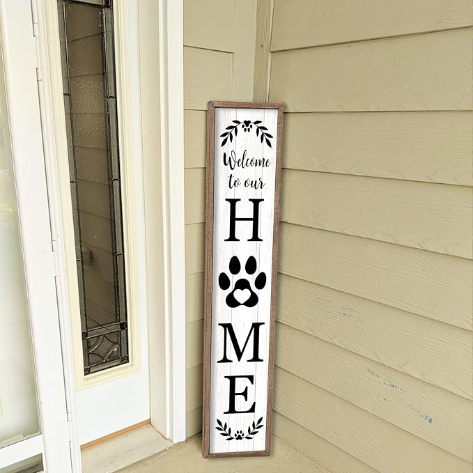 Welcome To Our Home Sign For Front Porch Standing 45"X9" Wooden Framed Dog Paw Welcome Print Large Farmhouse Rustic Long Outdoor Tall Vertical Home Front Door Wall Decor (Wood White)