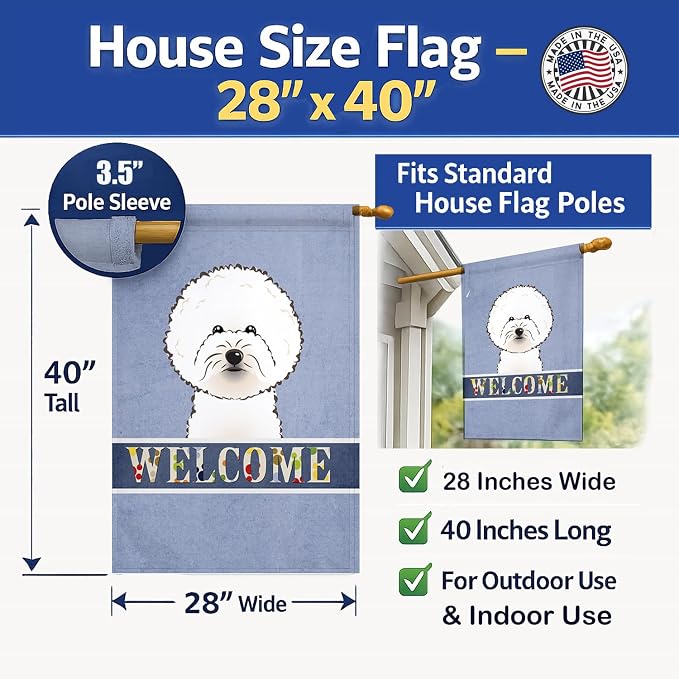 Caroline's Treasures BB1403CHF Bichon Frise Welcome House Flag, Blue Large Porch Sleeve Pole Decorative Outside Yard Banner Artwork Wall Hanging, Polyester, House Size, Multicolor