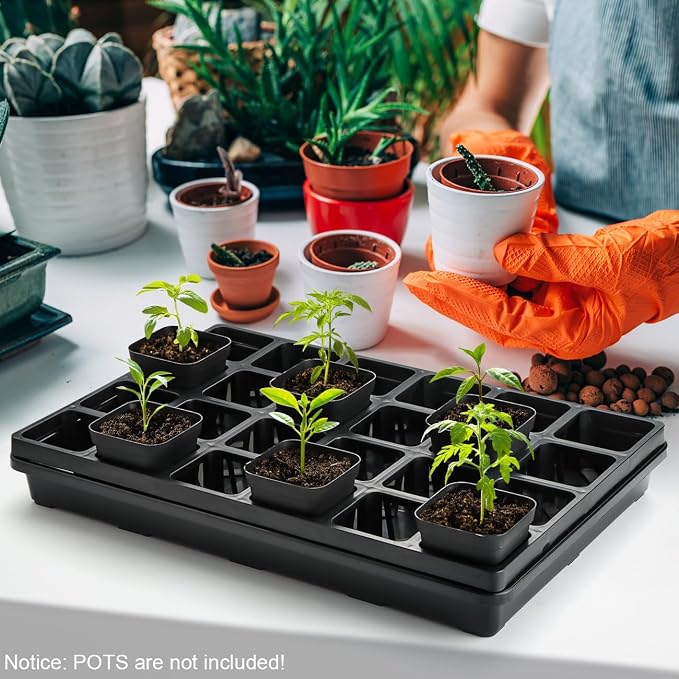RooTrimmer 10 Pack Nursery Pots Trays (17"x11"x2"), Plastic Flat Seed Starter Trays, Durable Carrying Seedling Starter Tray, Reusable Tray for Planting and Collecting Drainage Water (Black)