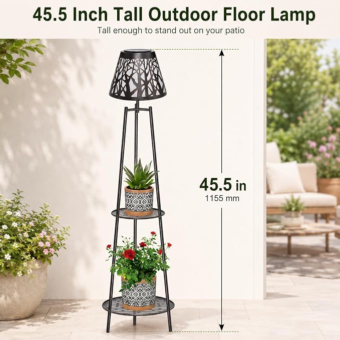2 Pack Outdoor Solar Floor Lamp with Plant Stand, Waterproof Metal Garden Lights with 2-Tier Shelves, Decorative LED Cordless Patio Lamp for Porch, Deck, Balcony, Yard & Corner Decor (Bronze)
