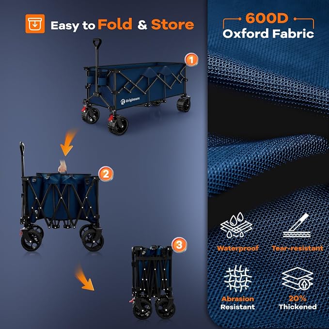 Originsure 48" L Collapsible Wagon Cart Foldable, 560lbs Weight Capacity 300L Heavy Duty Folding Beach Wagons with Big All-Terrain Wheels, Utility Carts for Groceries, Camping, Sports - Blue