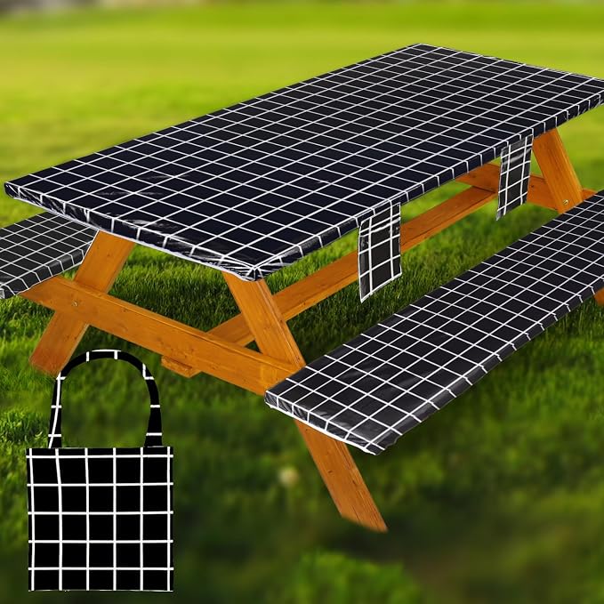 Wrakus Picnic Table Cover with Bench Covers Vinyl Elastic Edges Fitted Rectangle Seat Tables Waterproof 3-Piece72X30in Set Outdoor Rectangular Folding Backing Tablecloth for Camping Over Size