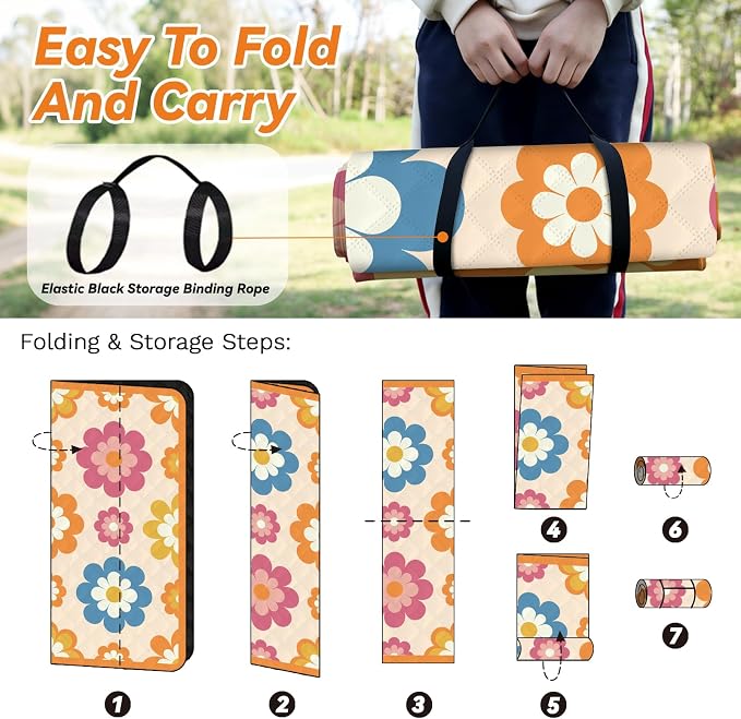 MAYJOYDIY Extra Large Picnic Blanket 79×79" Waterproof Beach Blanket with Carry Strap Foldable Travel Essential Accessories Gift for Grass Concert Park Lawn Camping Travel(Orange Flowers)