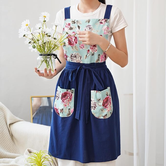 Pinknoke Vintage Pinafore Apron Dress for Women with Pockets Cute Floral Chef Aprons for Kitchen Cooking Baking Gardening