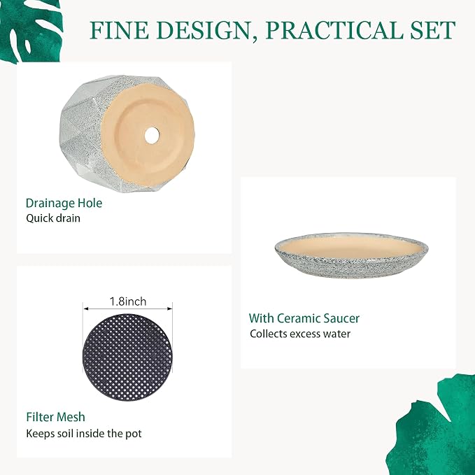10 Inch Ceramic Plant Pot with Drainage Hole Mesh Net, Large Flower Pots for Indoor Plants with Saucer, Gardening Pots Outdoor (Gray-dot)