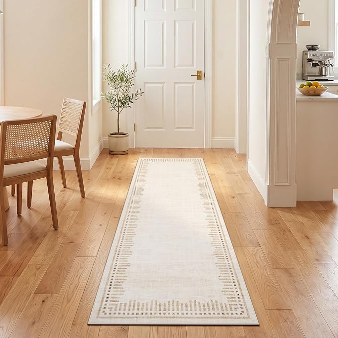 Garvee Washable Hallway Runner Rug 2x6 Non Slip Neutral Scalloped Runners | Beige Low Pile Stain Resistant Kitchen Runner Mat Solid Color Modern Geometric Living Room Bedroom Nursery Entry Area Rugs