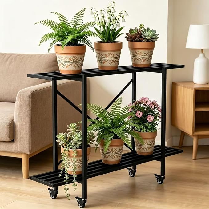 Zhongma 2 Tier Window Height Metal Sturdy Narrow Plant Stand with Wheels, Plant Stand Indoor and Outdoor, L35.43 x W10.3 x H29.9 inch, 440 LBS Capacity & Heavy Duty Construction.
