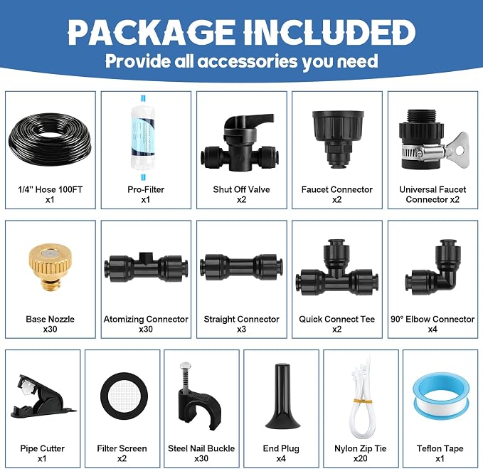 Kalolary Misting Cooling System, 100ft Misters for Outside Patio with Water Filter, 100FT(30M) Misting Line, 30 Brass Mist Nozzles & 2 PE Adapters 3/4" Outdoor Mister for Backyard Garden Greenhouse
