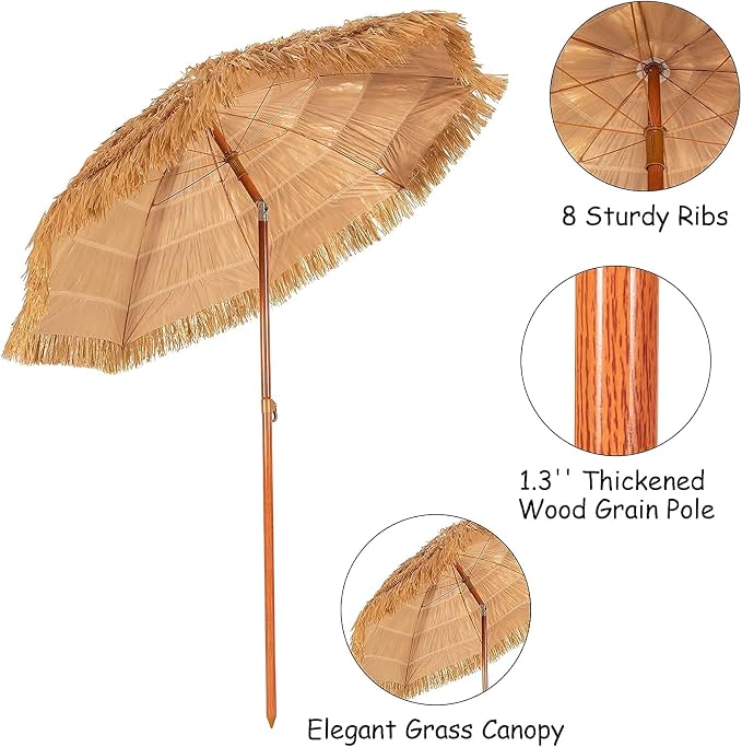 Giantex Thatched Tiki Umbrella, Hawaiian Style Patio Grass Umbrella with 8 Ribs & Tilt Adjustment, Outdoor Portable Beach Sunshade for Yard, Garden & Poolside